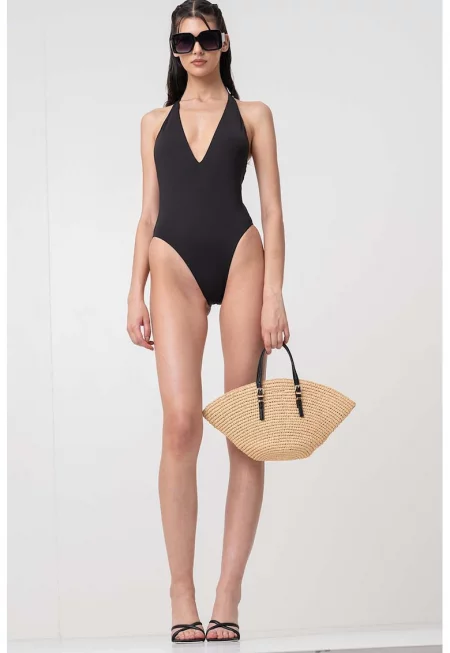 Цял бански с дълбоко деколте - Черен