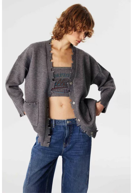 Уголемена жилетка с краища със захабен ефект - Меланж тъмно сиво