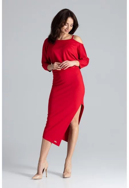 Вталена рокля  K479 - асиметрична - червена - полиестер - еластан - вискоза -