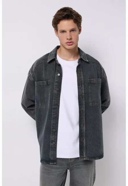 Яке от деним с пришити джобове - Tъмносив