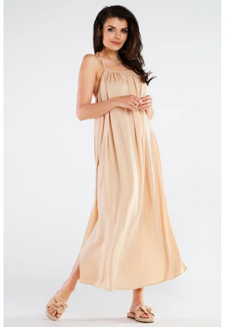 Бежова миди рокля без ръкави A428