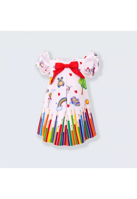 Бяла рокля за момиче - десен с цветни моливи