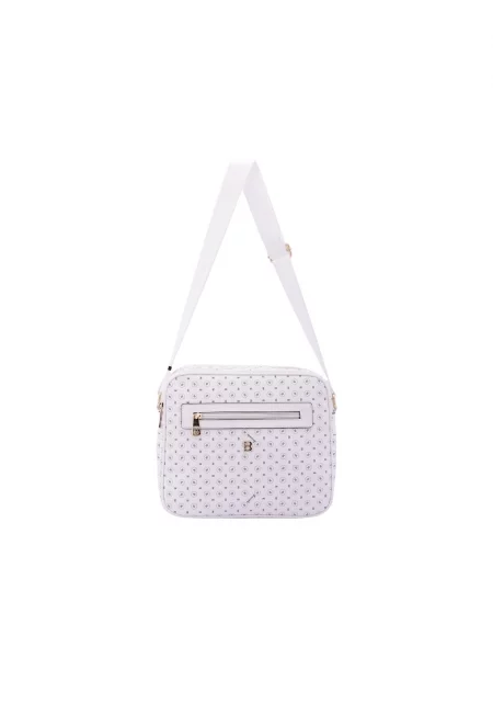 Чанта през рамо от еко кожа с шарка и лого на презрамката - Бял
