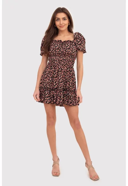 Червена мини рокля с буфан ръкави и флорален принт DA1811 MULTI