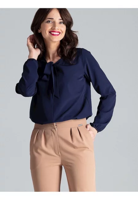 Дамска блуза - Ленитиф - тъмносиньо - дълъг ръкав - декоративен възел - полиестер -