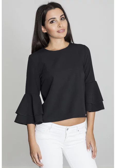 Дамска блуза -  С волани - Полиестер/Вискоза - Черна