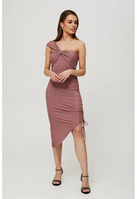 Дамска рокля металик - издърпана настрани - Полиестер Червена