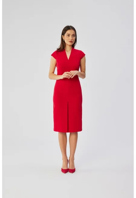 Дамска рокля - тип молив - с двойно деколте - Полиестер - Червена - Червен