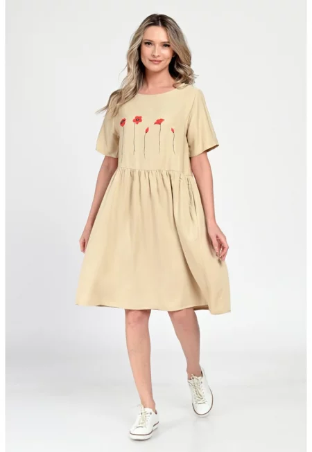 Дамска средна рокля - Ежедневна - Бежова V308 -