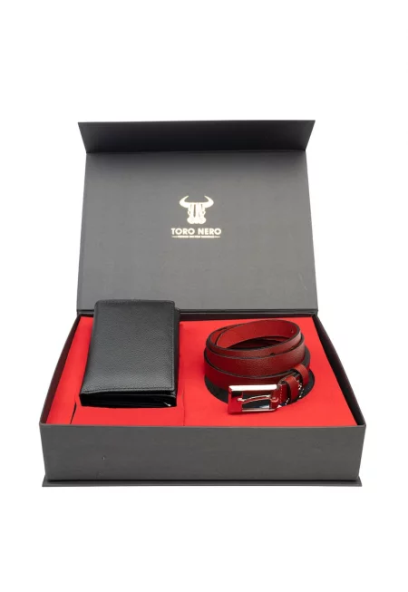 Дамски портфейл и комплект колан - естествена кожа - черно-червен - Little-Slim - 13*9.5*3