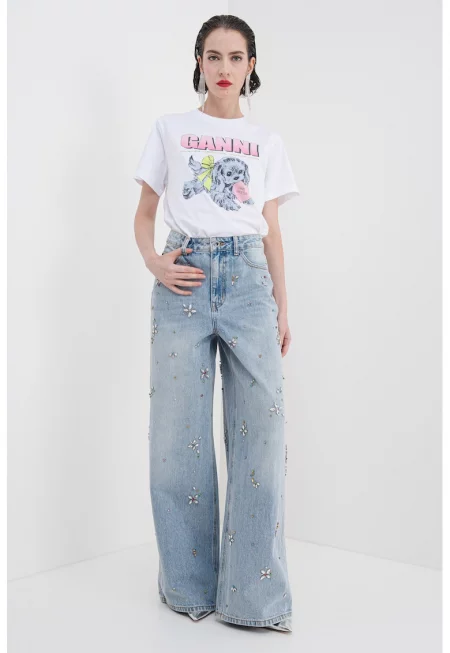 Дънки с широк крачол и висока талия - Лавандула/Сребрист