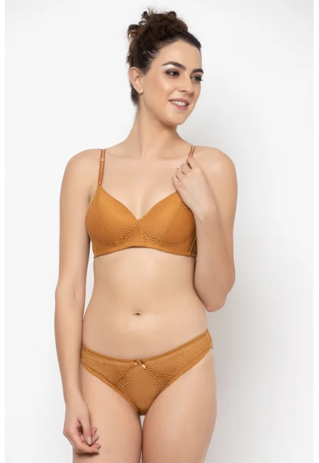 Дантелен сутиен и бикини - Светлокафяв