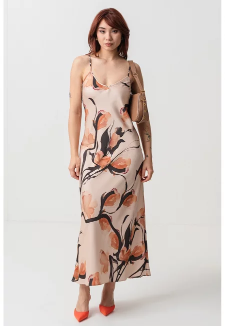 Флорална рокля с шпиц - Черен/Персийски портокал