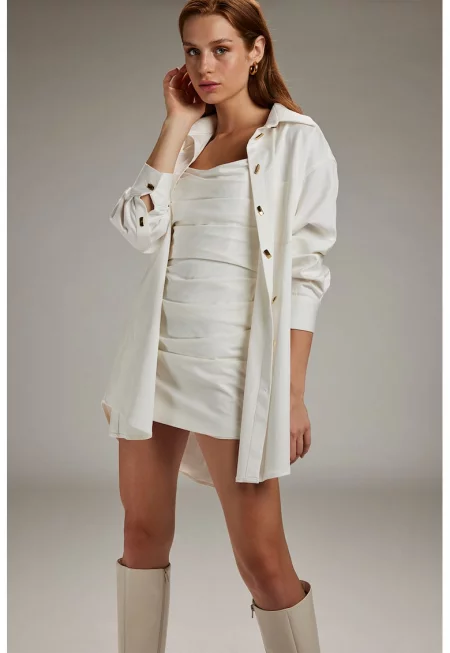 Издължена риза Mirror с лиосел с остра яка - Бял