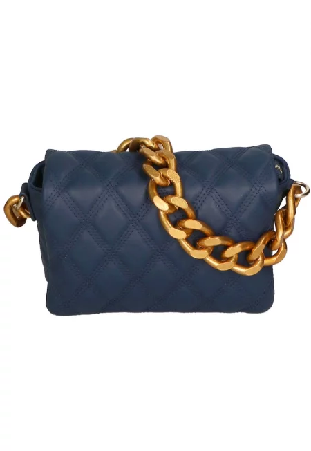 Капитонирана кожена чанта с презрамка с верижка - Син