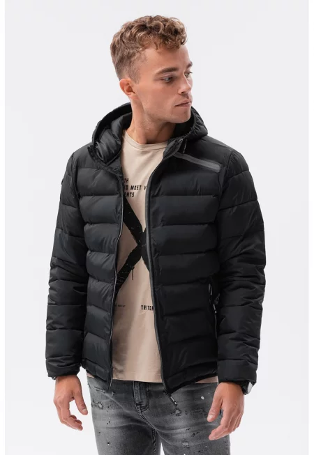 Капитонирано зимно яке с джобове с цип - Черен