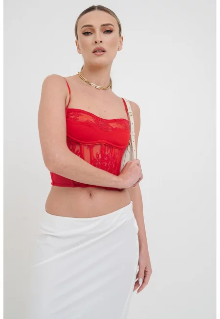 Къс топ с дизайн на корсет - Червен