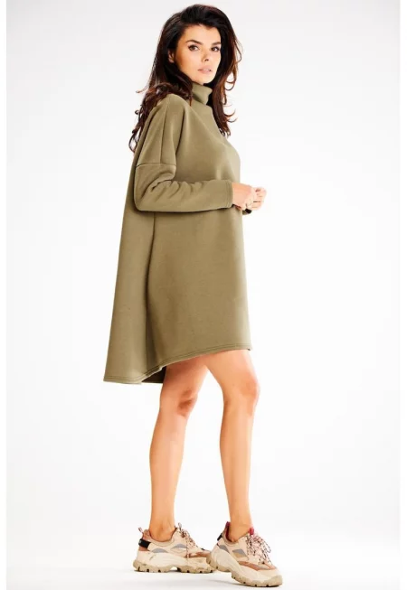 Къса рокля с дълъг ръкав - с кръгло деколте - асиметрична A609