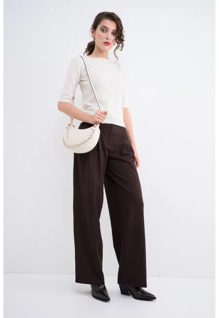 Кашмирен пуловер с овално деколте - Бял