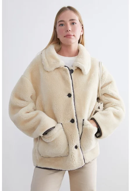 Късо палто с еко кожа - Слонова кост