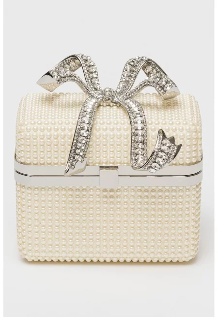 Клъч с панделка и отделяща се презрамка с верижка - Бежов