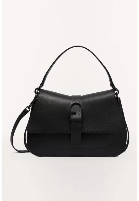 Кожена чанта за рамо Flow с метално лого - Черен