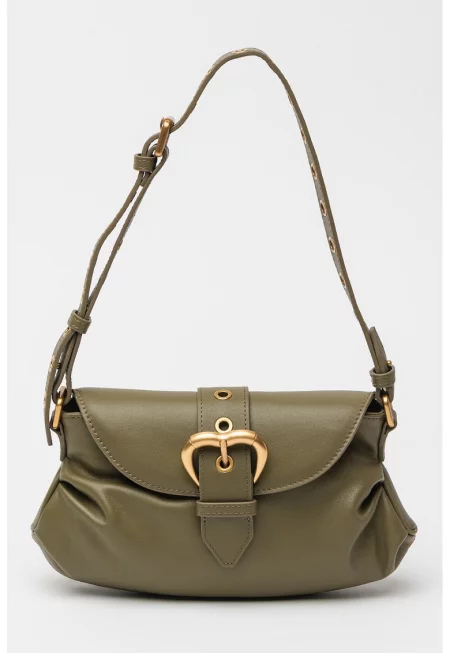 Кожена чанта за рамо с отделяща се презрамка - Зелен/Каки