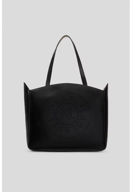 Кожена чанта за рамо с перфорирано лого - Черен