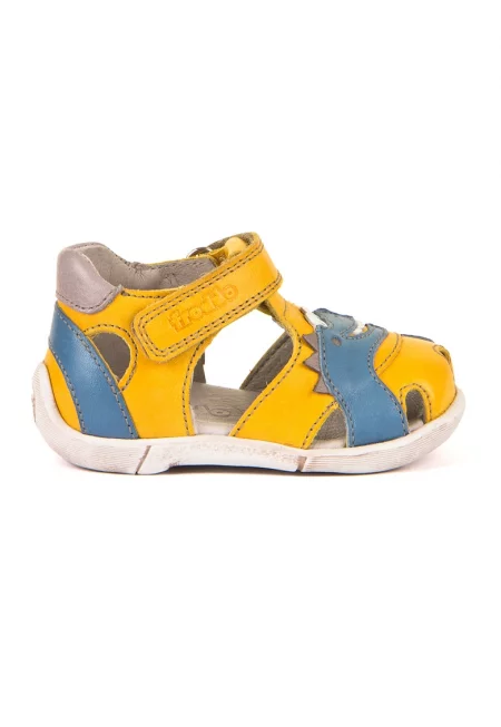Кожени сандали с динозавър - Прашно синьо/Шафраново жълто