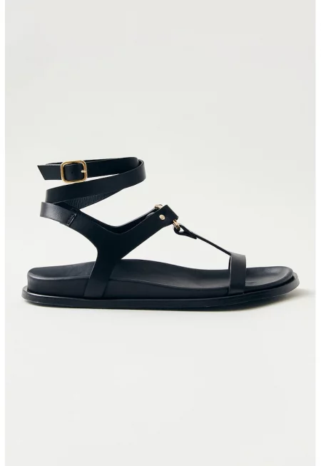 Кожени сандали с каишка на глезена - Черен