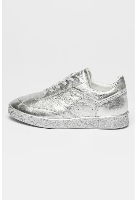 Кожени спортни обувки с овален връх - Сребрист