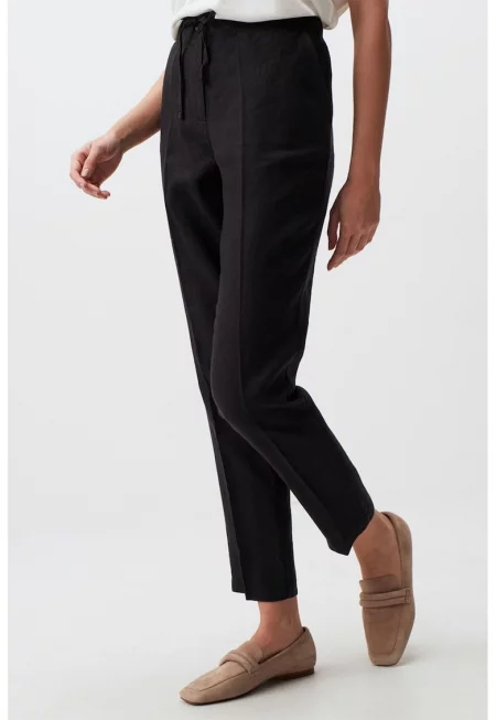 Ленен панталон с висока талия - Черен