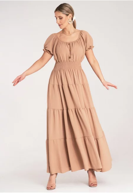 Макси рокля  бежова - с волани - полиестер - за лятото - Един размер