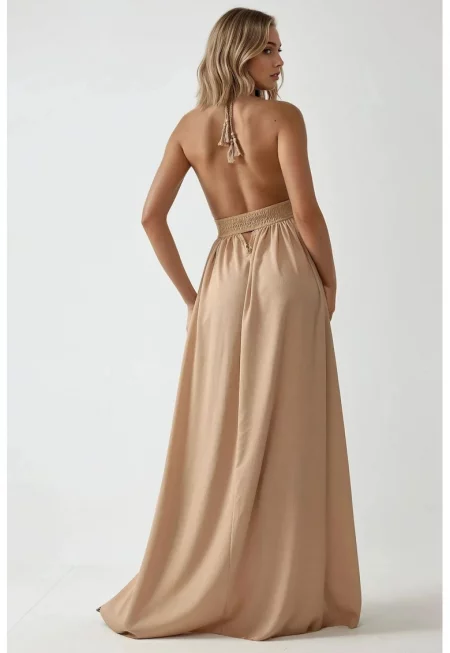 Макси рокля -  V-образно деколте - текстил - бежово