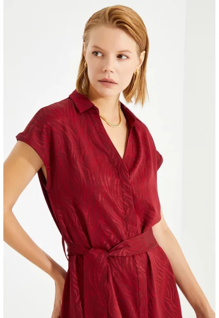 Миди разкроена рокля с десен - Червен