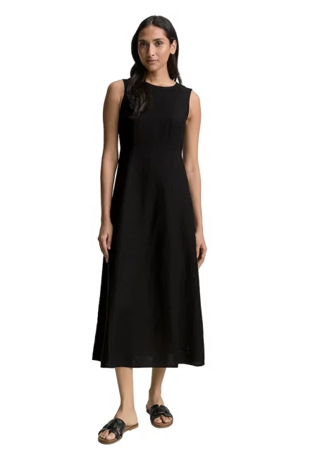 Миди рокля без ръкави с лен - Черен