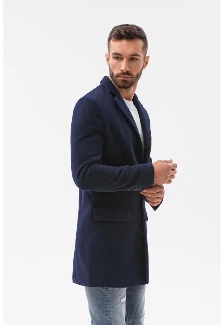 Палто с раздвоен ревер и джобове - Тъмносин