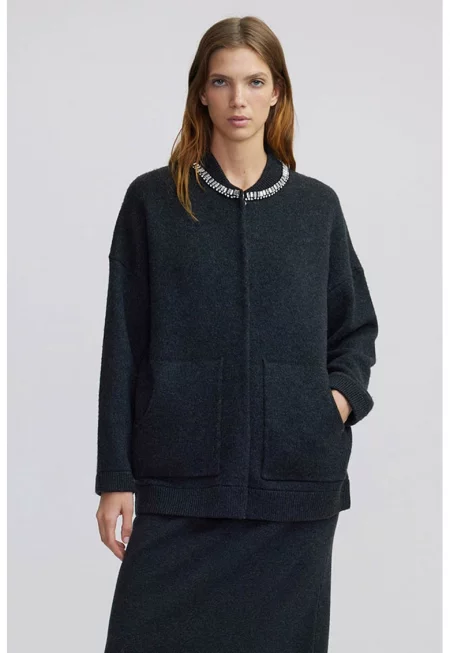 Палто с вълна с декоративни камъни - Избеляло черно/Прозрачен