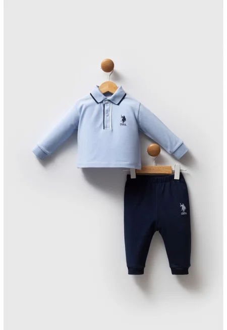 Памучна блуза с яка и спортен панталон - 2 части - Ултрамарин синьо/Светлосин