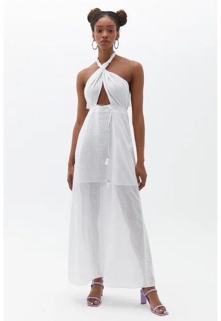 Памучна рокля с халтер деколте - Бял