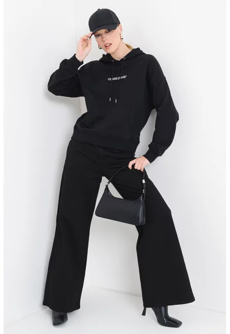 Памучно худи с джоб кенгуру - Черен