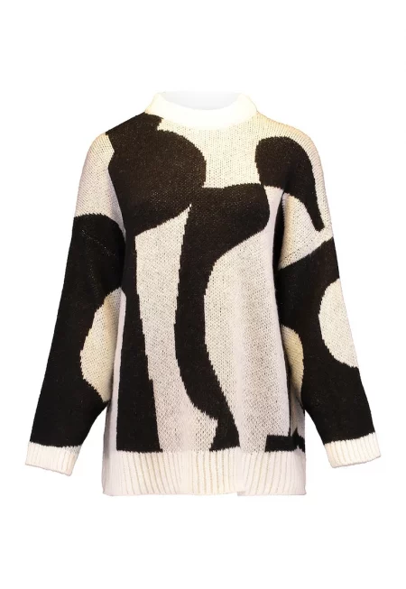 Плетен пуловер с фигурален принт - Бял/Черен