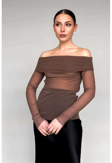 Прозрачна блуза с голо рамо - Сиво-кафяв