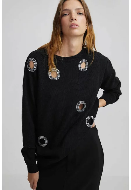 Пуловер с вълна и декоративни отвори - Черен/Прозрачен