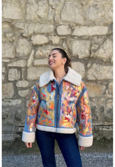 Ръчно оцветено дънково яке с еко кожа - Жълт/Светлосин меланж/Оранжев