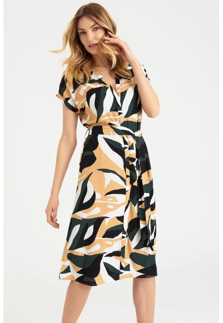 Разкроена миди рокля с десен и колан