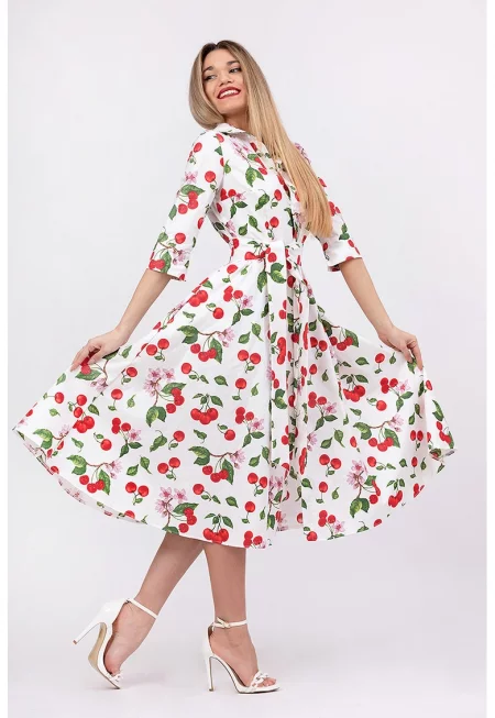 Разкроена рокля-риза с колан - Червен/Бял/Зелен