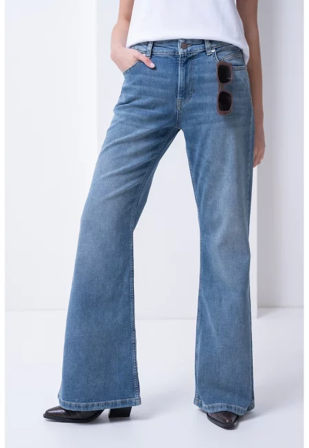 Разкроени дънки с висока талия - Светлосин меланж