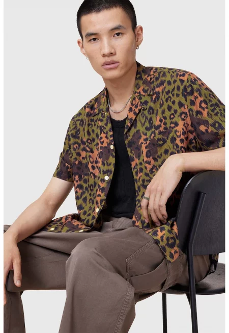 Риза с принт и къси ръкави - Черен/Оранжев/Маслинено зелено