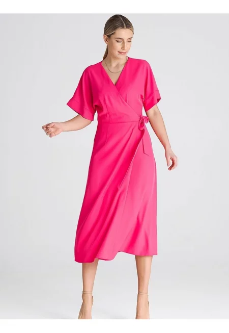 Рокля  кимоно ръкави - връзка на талията - полиестер - розово - полиестер